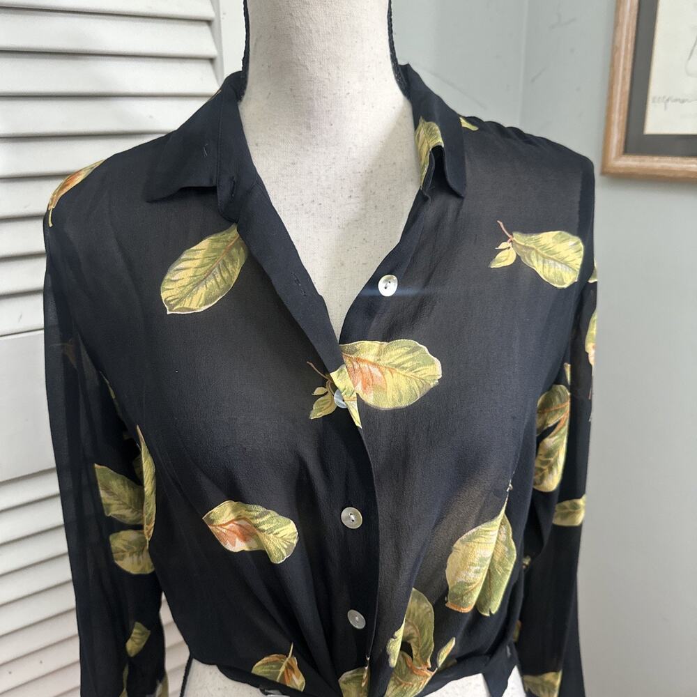 Vintage RJ Collection Top Womens Medium Black Silk Button Down Sheer Minimalist